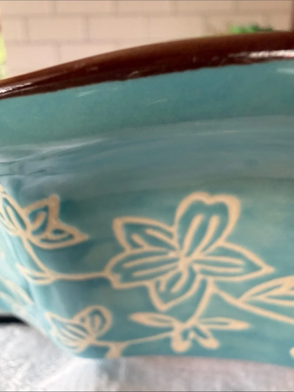 Temp-Tations Turquoise Floral Ceramic Pie Dish with Brown Scalloped Rim